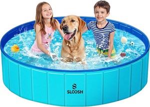 $37 SLOOSH Foldable Dog Kiddie Pool - Portable Hard Plastic Doggie Swimming Pool, Anti-Slip Collapsible Pets Bath Tub Suitable for Kids Indoor Outdoor Backyard Use (Blue, 63 x 12)
