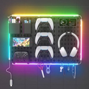 $36 KDD 9 in 1 RGB Gaming Wall Organizer Peg Board - DIY Pegboard Combination Kit with Phone StandPen HolderStorage BoxHeadset & Controller HolderHooks for Office & Home Gamer Room Decor Accessories (lights are working)