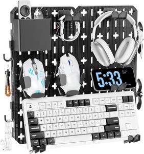 $27 KDD Keyboard and Mouse Display Stand Holder, Wall Mount Office Organization Pegboard Combination Kit with Pen holder, Hooks, Headset & Controller Stand for Office & Home Hanging Organizer Storage