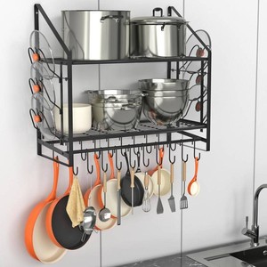 $48 VyGrow 28 Inch Pot Rack Wall Mounted, 2 Tier Pots and Pans Organizer with 20 Hooks and 6 Pot Lid Holders, Heavy Duty Steel Pot and Pan Hanger for Kitchen Cookware Utensils Storage 34.7 Lx13 Wx26.4 H