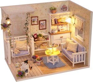 $23 Ogrmar Wooden Miniatures Dollhouse Kit with Dust Cover& Led Light Cat Diary