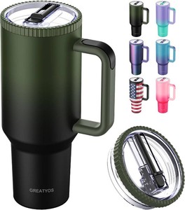 $22 Greatyos 40 oz Tumbler with Handle and Flip Straw Lid - Upgraded Traveler 40oz Tumblers with Lids Straws Vacuum Insulated Leak Proof Stainless Steel Cup Mug Gifts for Men Women Him Her (Black Forest)