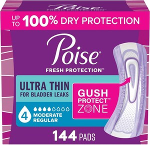 $37 Poise Ultra Thin Incontinence Pads & Postpartum Pads for Bladder Leaks, 4 Drop Moderate Absorbency, Regular Length, 144 Count, Packaging May Vary