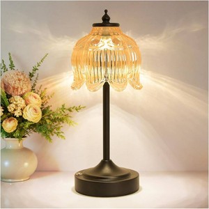 $38 Cordless Table Lamp, Rechargeable Amber Glass Lotus Flower Lamp