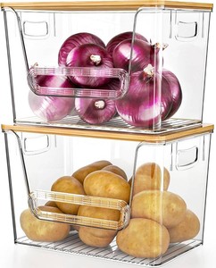 $31 Delamu 2 Set Pantry Organizers and Storage, Trash Bag Holder Under Sink Organizer for 4-13 Gal Bags, Trash Bag Dispenser with Bamboo Top for Onion, Potato, Garlic, Clear (11-732L7 W7-18H)