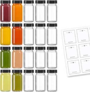 $20 20 PACK 2 oz Glass Shot Bottles w Black Lids & 20 Labels - Small Clear Jar for Ginger, Wellness Shot, Juice, Sample, Whiskey - Travel Essentials Mini Bottles - Wide Mouth, Leakproof, Dishwasher Safe