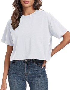 $20 PRIMODA Womens Oversized Workout Cropped T Shirts Crew Neck Short Sleeve Casual Loose Summer Crop Tee Tops Cotton Size Medium