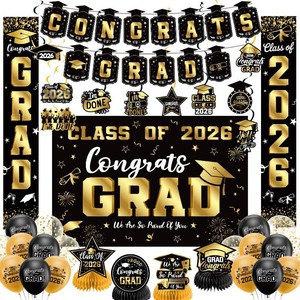 $20 Graduation Decorations 2026 Set Black Gold, Congrats Grad Decor Set with Banner Backdrop Porch Sign,Hanging Swirls Honeycomb Centerpieces Balloons for Grad Party Decorations(Gold)