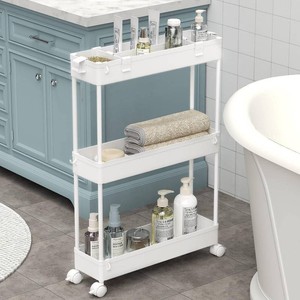 $24 SPACELEAD Slim Storage Cart 3 Tier,Bathroom Organizer Rolling Utility, Mobile Shelving Unit Slide Out for Office, Kitchen, Laundry Room & Narrow Places,White