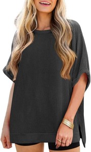 $20 Tankaneo Womens Oversized T Shirts Summer Casual Ribbed Batwing Short Sleeve Tunic Tops Loose Fit Dolman Sleeve Tees Size Extra Large
