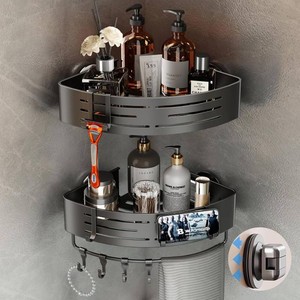 $33 Voldra Corner Shower Caddy Suction Cup, Corner Shower Shelves No Drilling, Aluminum Upgrade Suction Cup Shower Organizer with Towel Bar & Hooks Removable Bathroom Storage Rack(2 Pack, Matte Gray)