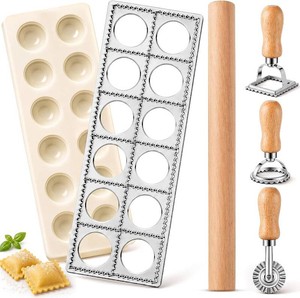 $24 Geetery 5 Pcs Ravioli Mold Set 2 Inch Square Ravioli Maker Cutter Kit with 12-Hole Raviolis Press 3 Pasta Cutter Stamps Wooden Rolling Pin Pasta Making Tool for Homemade Raviolis Home Restaurant Use