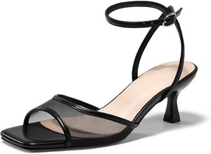 $45 Coutgo Womens Kitten Low Heels Strappy Sandals Mesh Square Open Toe Buckle Ankle Strap Summer Dress Shoes Size 10