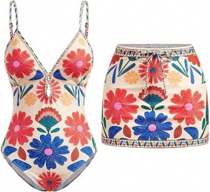 $35 SHENHE Womens Boho Floral Beach One Piece Swimsuit with Cover Up Skirt Size L