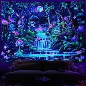 $29 Leofanger Blacklight Fantasy Forest Tapestry Aesthetic Moon Tapestry UV Reactive Neon Galaxy Space Wall Tapestries Trippy Plant Floral Tapestries Wall Hanging for Home Decor(70.8x92.5)