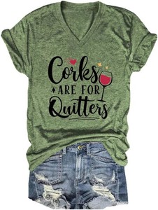 Corks are for Quitters Shirt Womens Funny Wine Lover V-Neck T-Shirt Short Sleeve Wine Drinking Sarcasm Saying Tops Size Xl