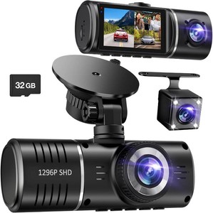 $60 Dash Cam Front and Rear, 1296P Dash Camera for Cars, 3 Channel Car Camera Front Rear and Inside with 32GB Card, Loop Recording, Night Vision, HDR, 24Hr Parking, G-Sensor