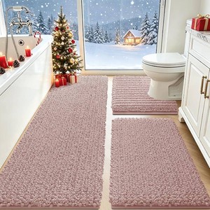 $57 Upgrade Extra Large Dusty Pink Bathroom Rug Set 3 Pieces Ultra Soft, Thick Absorbent Bath Mats, Non Slip Chenille Toilet Mat for Bathroom, Bedroom, Kitchen