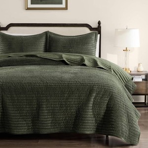 $65 WDCOZY Velvet King Size Quilt Set - Olive Green Striped Soft Lightweight Bedspread, Dark Green Neutral Ribbed Farmhouse Country Rustic Coverlet, Modern Bedding Warm Thin Comforter, 3 Pieces