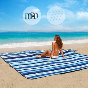 $34 ZAZE Beach Blanket Picnic Blankets with Stakes, Thick 3-Layer 8080 Oversized Waterproof Sandproof Compact Outdoor Mat, Big Extra Large Foldable Camping Park Vacation Travel Accessories(Blue Stripe)