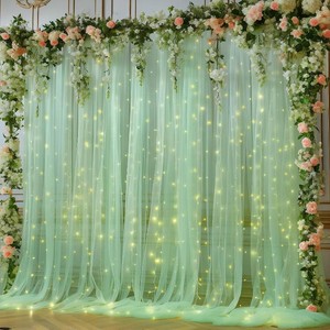 $27 10x10ft Olive Green Tulle Backdrop Curtain with Lights String for Parites, Sheer Photo Backdrop Curtains for Wedding Baby Shower Birthday Party St. Patricks Day Photo Shoot Background Decorations