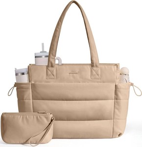 $40 LOVEVOOK Tote Bag for Women with Giant Tumbler Holder Pocket, Puffer Work Travel Laptop Handbag with Zipper for Nurse Teacher