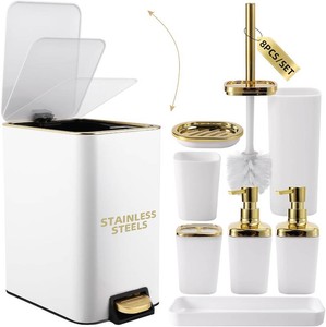 $50 XLHOMO White Bathroom Accessories Set 8 Piece White and Gold Bathroom Set, Bathroom Sets with Stainless Steel Trash Can,Toilet Brush,Toothbrush Set,Soap Dispenser