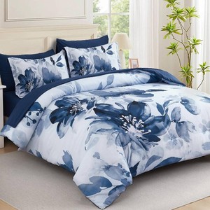 $57 Luxudecor 7 Piece Comforter Set Queen Size, Blue Floral Bedding Set (5 pieces in package)