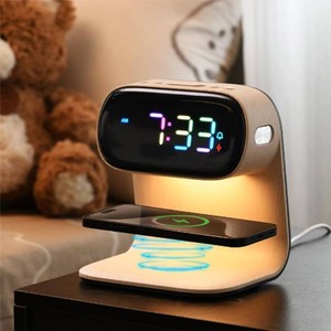 $50 AYI 3in1 Large Color Screen Wireless Charging Station with Alarm Clock & Night Light 15W Fast Charger for Phone & Earbuds 7-Color LED Display Dual Alarm 3Level Dimmable Touch Lamp Wood A40