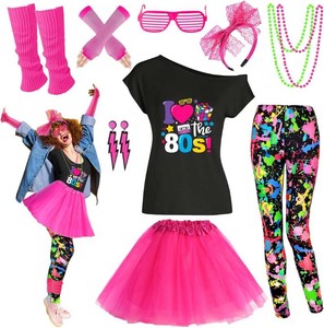 $36 80s Outfit Women Costume Accessories Set T Shirt Shorts Tutu Skirt Neno Party Leg Warmers Headband. (Size large)