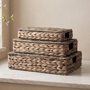 $38 3 Pcs Wicker Storage Baskets with Lids 15.7x11 13.7x9 11.8x7 Inch Water Hyacinth Pantry Baskets Woven Organizers Decorative Storage Boxes for Shelves, Bedroom, Living Room(Black)