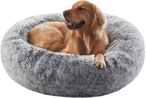 $66 36 inches Faux Fur Fluffy Donut Dog Bed for Large Dogs,Dark Grey