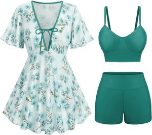 $33 Rosegal Women Plus Size 3 Piece Tankini Swimsuits Bathing Suits with Floral Swim Dress Boy Shorts with Cami Swim Top- Medium Plus