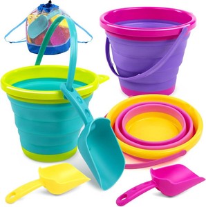 $25 JOYIN Foldable Beach Bucket Set - 3 Packs Collapsible Toy Buckets with Shovels and Mesh Backpack for Kids Toddlers Party, Camping Gear, Travelling, Fishing Water Pail (PinkPurpleGreen)