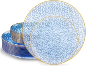 $20 SUT 36Pcs Blue Plastic Plates, Hammered Plates Disposable Heavy Duty, Blue Disposable Plates With Gold Rim, Fancy Plastic plates Include 18 Dinner plate and 18 Dessert plate for Wedding
