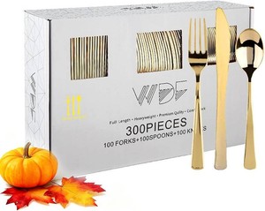 $30 WDF300 Pieces Gold Plastic Silverware - Heavy Duty Disposable Cutlery Set Plastic Gold Silverware Set Includes 100 Forks, 100 Spoons, 100 Knives for PartyBaby ShowerWeddingBirthdayThanksgiving