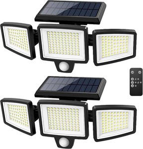 $33 Tuffenough Solar Outdoor Lights 2500LM 210 LED Security Lights with Remote Control,3 Heads Motion Sensor Lights, IP65 Waterproof,270  Wide Angle Flood Wall Lights with 3 Modes(2 Packs)