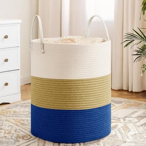 $48 Cotton Rope Basket Large Blanket Basket for Living Room,Woven cotton rope laundry baskets For Bathroom Dirty Clothes  Nursery Toys pillow storage organization, 80L,white and dark blue.