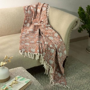 $45 100% Pure Cotton Handblock Printed Throw Blanket, Soft 50 x 60 Fringed Floral Print Throw for Couch, Sofa, Chair, Bed - Cozy, Machine Washable, Comfortable Home Decor