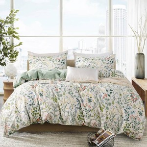 $43 Floral Twin Duvet Cover 100% Soft Cotton 3 Pieces Flower Bedding Set for Girls Fresh Chic Garden Style Green Botanical Floral Pattern Printed Twin Flower Duvet Cover, with Zipper Closure