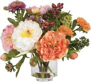 $40 Nearly Natural 10 in Artificial Peony Arrangement in Glass Vase