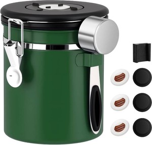 $30 ShanSon Coffee Canister Airtight, Stainless Steel Bean Storage Container with Date Tracker & Scoop, Grounds Sugar Flour Tea Cereal Fits Kitchen Pantry, Ideal Gift for Coffee Lovers,16oz, Dark Green