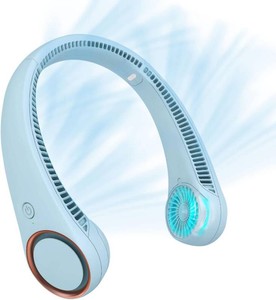 $33 CIVPOWER Neck Fan Portable Personal Neck Cooling Rechargeable Bladeless Fan - Hands Free 3 Speed 4000 mAh Battery USB Operated Wearable Headphone Design - Gift for Men Women Outdoor (Light Blue)