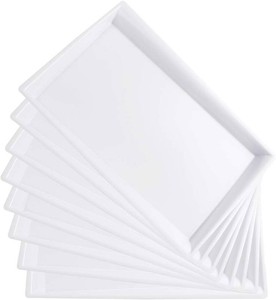 $25 8 Pack White Plastic Serving Tray, 15 x 10 Rectangle Food Trays, Disposable Serving Platter for Parties, Internal Inclined Design Perfect for Weddings and Party missing on piece