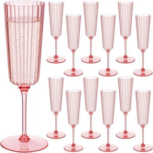 $22 Jingmore 12 Pcs 6.4 oz Plastic Ribbed Champagne Flutes, Pink