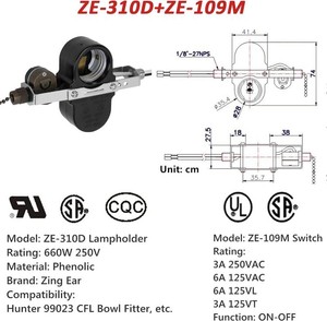 Ceiling Fan Switch ZE-310D Light Socket Pull Chain Switch, Compatible with Hunter Fan, Ceiling Fan Lamp Light, Lamp Holder E95014-Bronze Chain