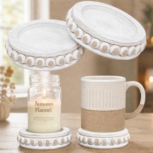$23 Felt Creative Home Goods Set of 2 Round Rustic Wood Beaded Risers - Sturdy 2-Sided Stackable Decor Pedestal Stands for Tiered Tray, Candle, Mug Display (Rustic White, 5 inch)