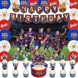 $30 42Pack FC Soccer Party Supplies Pack Includes Banner Cake Topper Blackdrop,Balloons for Barcelona Football party Decoration plates