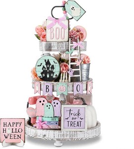 GlikCeil 19 Pcs Halloween Tiered Tray Decor Set, Pink Ghost, Pastel, Ghost