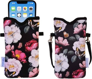 Tainada Neoprene Neck Phone Carrier Case wCrossbody Strap (Black Floral)